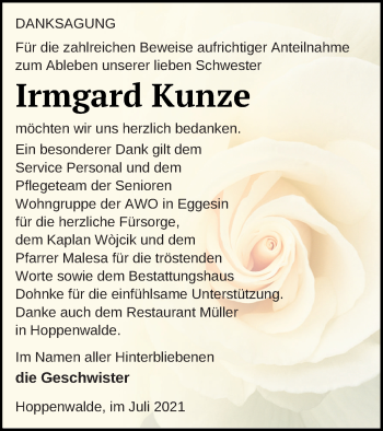 Traueranzeige von Irmgard Kunze von Haff-Zeitung