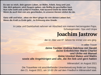 Traueranzeige von Joachim Jastrow von Templiner Zeitung