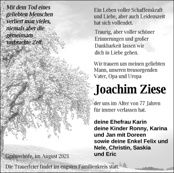 Traueranzeige von Joachim Ziese von Müritz-Zeitung