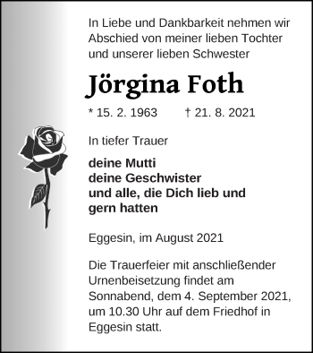 Traueranzeige von Jörgina Foth von Haff-Zeitung