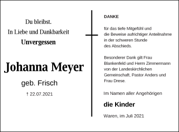 Traueranzeige von Johanna Meyer von Müritz-Zeitung