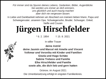 Traueranzeige von Jürgen Hirschfelder von Prenzlauer Zeitung