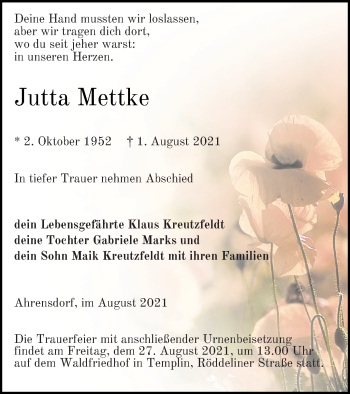 Traueranzeige von Jutta Mettke von Templiner Zeitung