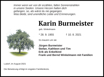 Traueranzeige von Karin Burmeister von Müritz-Zeitung