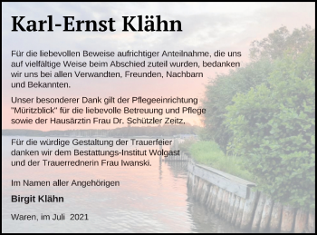 Traueranzeige von Karl-Ernst Klähn von Müritz-Zeitung