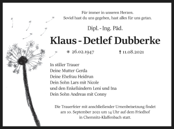 Traueranzeige von Klaus-Detlef Dubberke von Haff-Zeitung