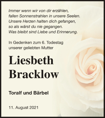 Traueranzeige von Liesbeth Bracklow von Nordkurier Gesamtausgabe