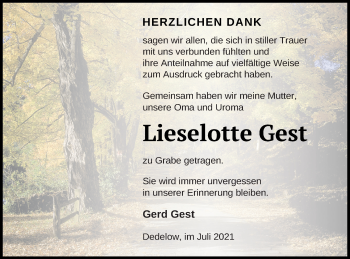 Traueranzeige von Lieselotte Gest von Prenzlauer Zeitung