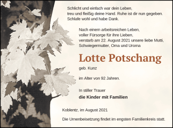 Traueranzeige von Lotte Potscliang von Pasewalker Zeitung