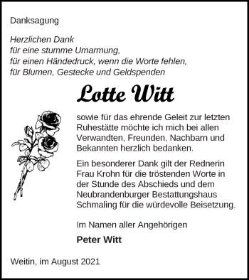 Traueranzeige von Lotte Witt von Neubrandenburger Zeitung