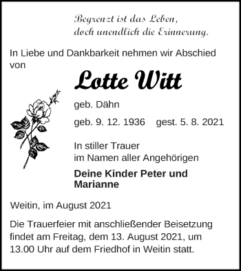 Traueranzeige von Lotte Witt von Neubrandenburger Zeitung