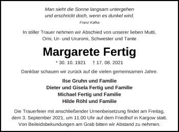 Traueranzeige von Margarete Fertig von Müritz-Zeitung