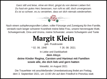 Traueranzeige von Margit Klein von Prenzlauer Zeitung