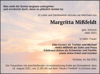 Traueranzeige von Margritta Mißfeldt von Prenzlauer Zeitung