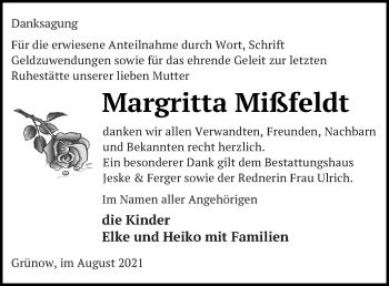 Traueranzeige von Margritta Mißfeldt von Prenzlauer Zeitung