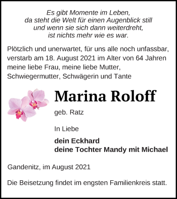 Traueranzeige von Marina Roloff von Templiner Zeitung