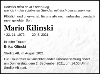 Traueranzeige von Mario Kilinski von Strelitzer Zeitung