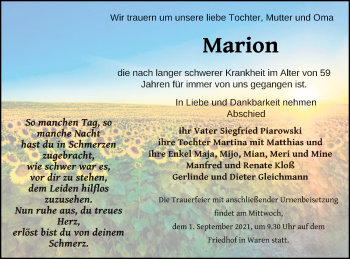 Traueranzeige von Marion  von Müritz-Zeitung