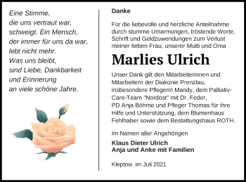 Traueranzeige von Marlies Ulrich von Prenzlauer Zeitung