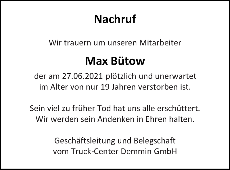  Traueranzeige für Max Bütow vom 07.08.2021 aus Demminer Zeitung