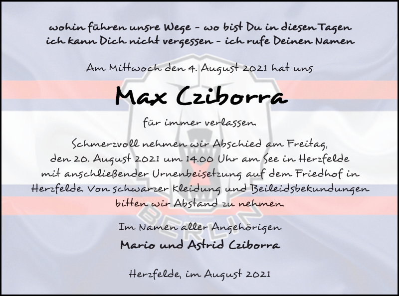  Traueranzeige für Max Cziborra vom 17.08.2021 aus Templiner Zeitung