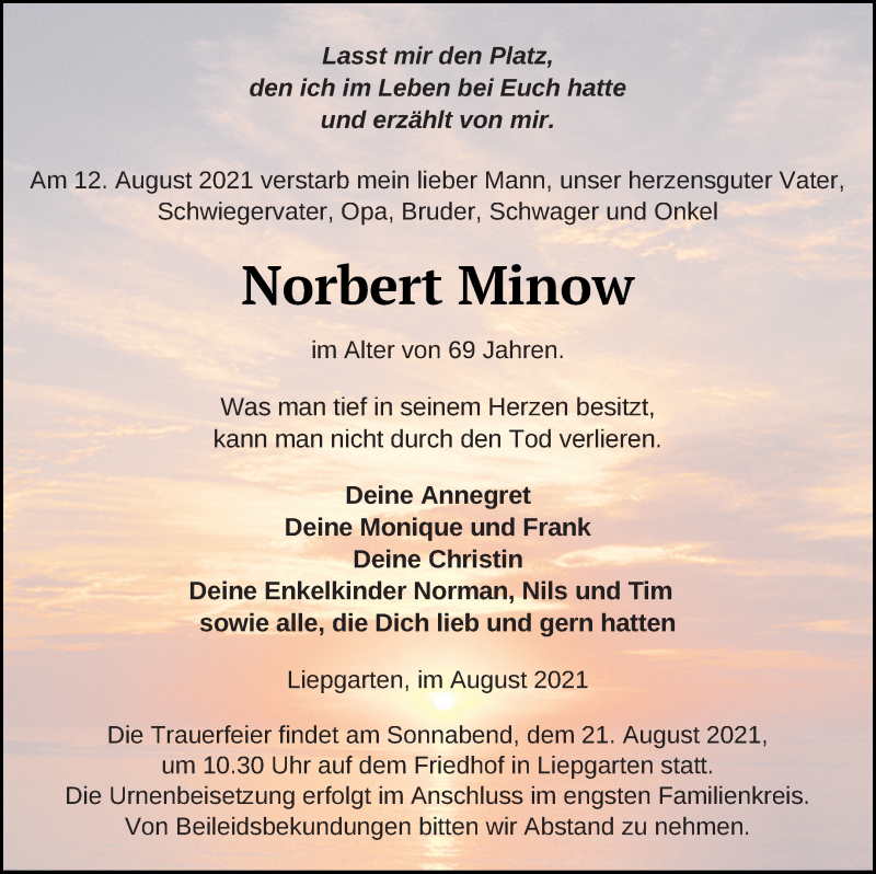  Traueranzeige für Norbert Minow vom 14.08.2021 aus Haff-Zeitung