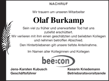 Traueranzeige von Olaf Burkamp von Pasewalker Zeitung