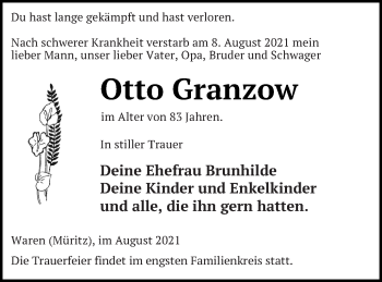 Traueranzeige von Otto Granzow von Müritz-Zeitung