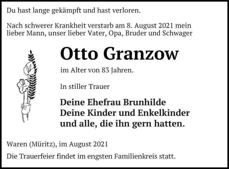  Traueranzeige für Otto Granzow vom 13.08.2021 aus Müritz-Zeitung