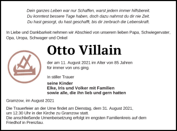 Traueranzeige von Otto Villain von Prenzlauer Zeitung