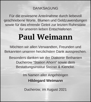 Traueranzeige von Paul Weimann von Vorpommern Kurier