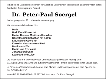 Traueranzeige von Peter-Paul Soergel von Demminer Zeitung