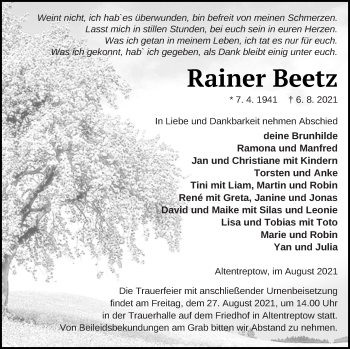 Traueranzeige von Rainer Beetz von Neubrandenburger Zeitung