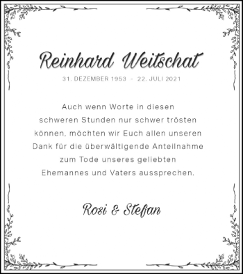 Traueranzeige von Reinhard Weitschat von Neubrandenburger Zeitung