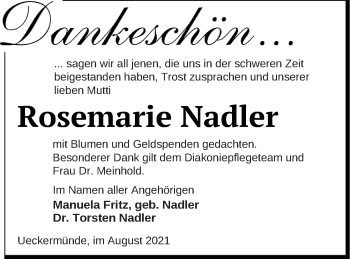 Traueranzeige von Rosemarie Nadler von Haff-Zeitung