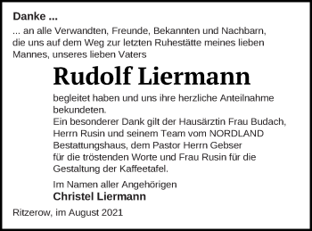 Traueranzeige von Rudolf Liermann von Mecklenburger Schweiz