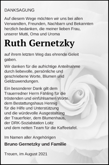 Traueranzeige von Ruth Gernetzky von Vorpommern Kurier