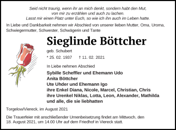 Traueranzeige von Sieglinde Böttcher von Pasewalker Zeitung