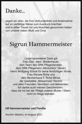 Traueranzeige von Sigrun Hammermeister von Müritz-Zeitung