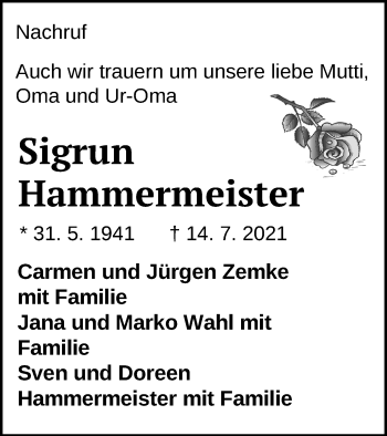 Traueranzeige von Sigrun Hammermeister von Müritz-Zeitung