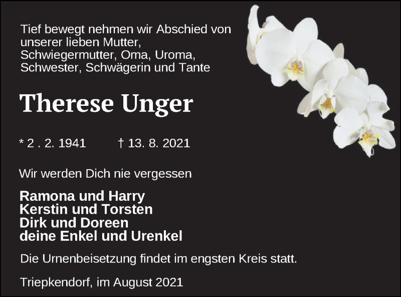  Traueranzeige für Therese Unger vom 20.08.2021 aus Strelitzer Zeitung