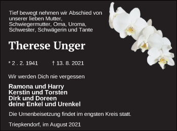 Traueranzeige von Therese Unger von Strelitzer Zeitung