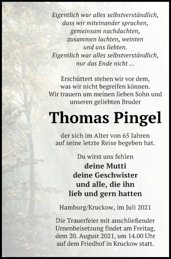 Traueranzeige von Thomas Pingel von Müritz-Zeitung