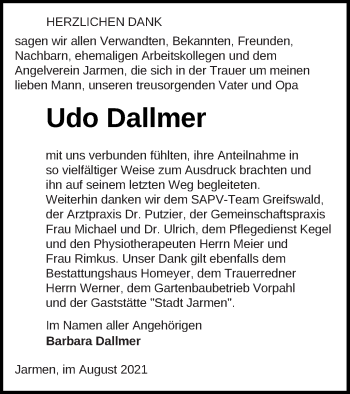 Traueranzeige von Udo Dallmer von Vorpommern Kurier