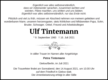 Traueranzeige von Ulf Tintemann von Mecklenburger Schweiz