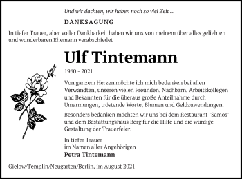 Traueranzeige von Ulf Tintemann von Mecklenburger Schweiz