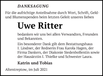 Traueranzeige von Uwe Ritter von Neubrandenburger Zeitung