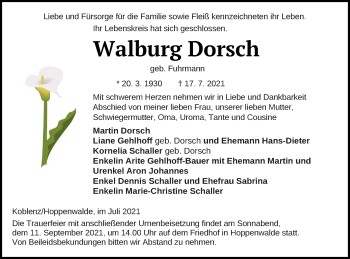 Traueranzeige von Walburg Dorsch von Haff-Zeitung