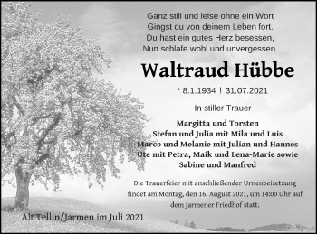 Traueranzeige von Waltraud Hübbe von Vorpommern Kurier