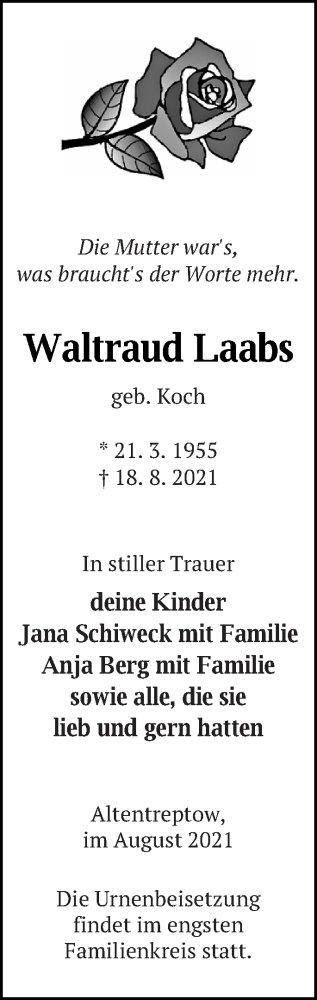 Traueranzeige von Waltraud Laabs von Neubrandenburger Zeitung